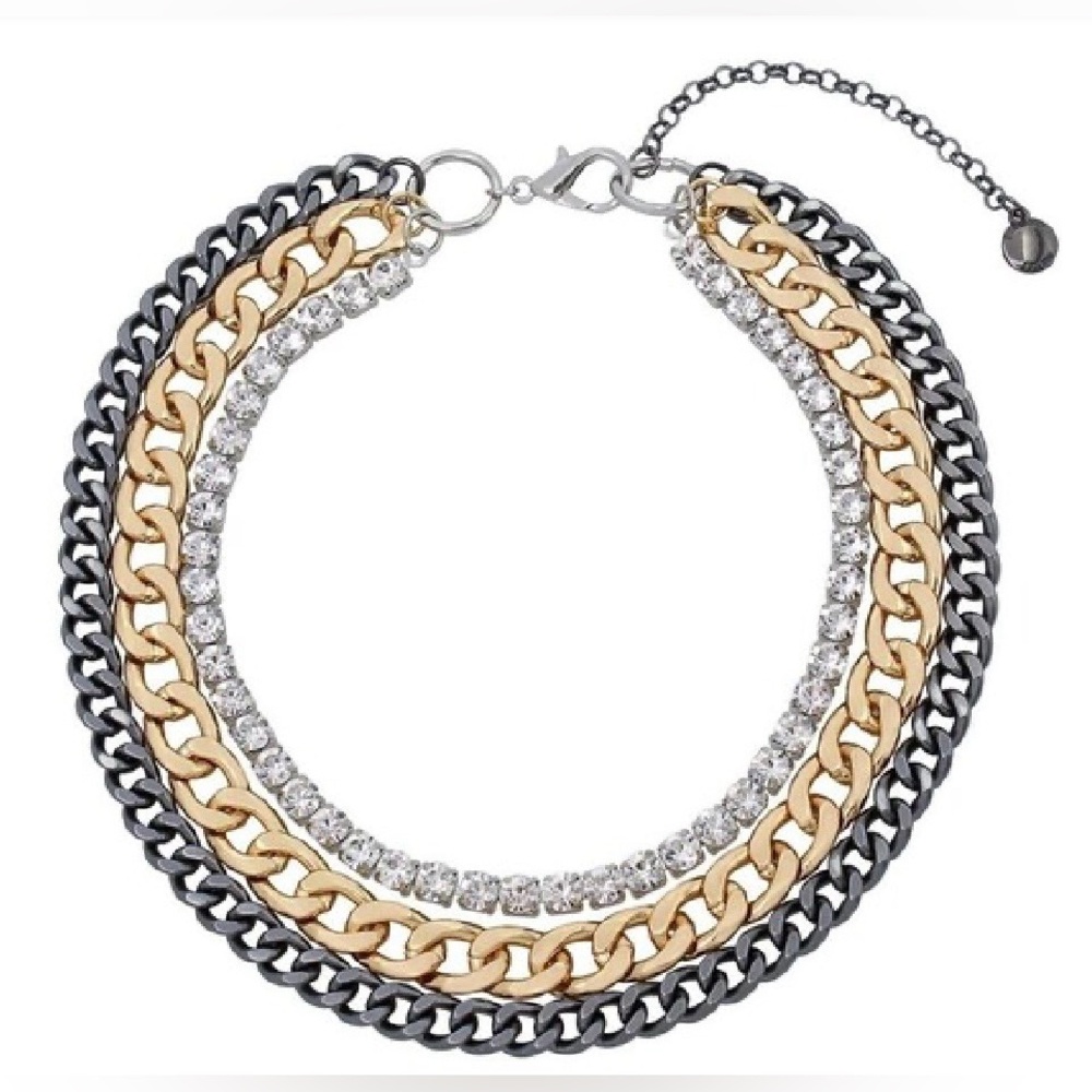 Steve Madden Layered Tri Tone Mixed Metal Bling Stones Curb Chain Necklace